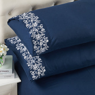 Serenta Lei Embroidered 4 Piece Bed Sheet Set, Navy Blue, Queen