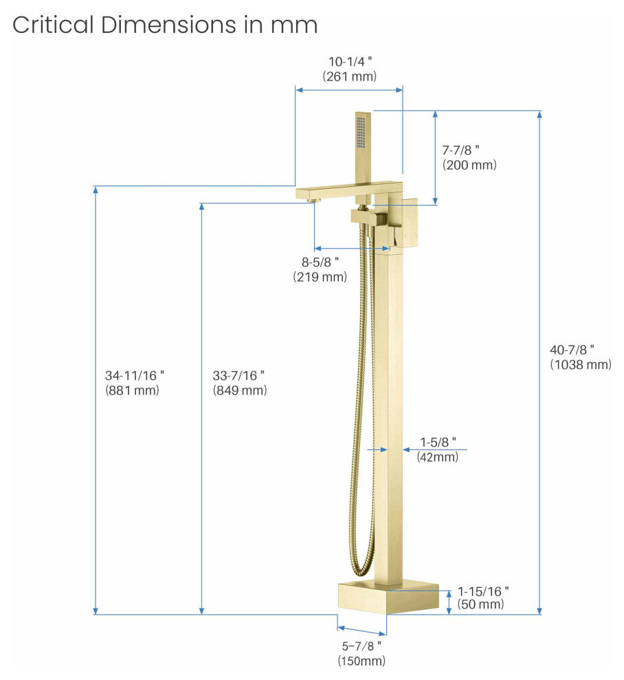 Cube Single Handle Floor Mount Tub Filler With Hand Shower, Brushed Gold