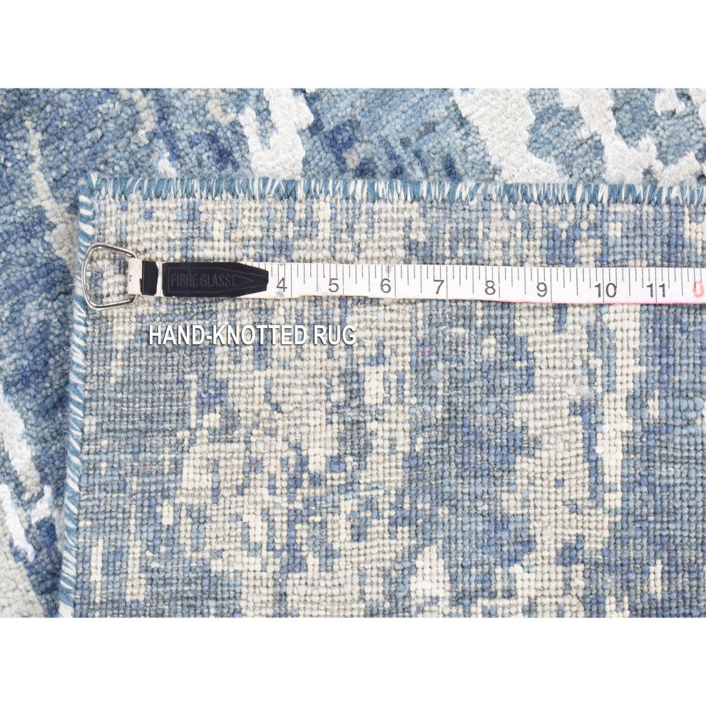 Wool and Real Silk Hand Knotted Blue Abstract Design Runner Rug, 4'1" x 10'2"