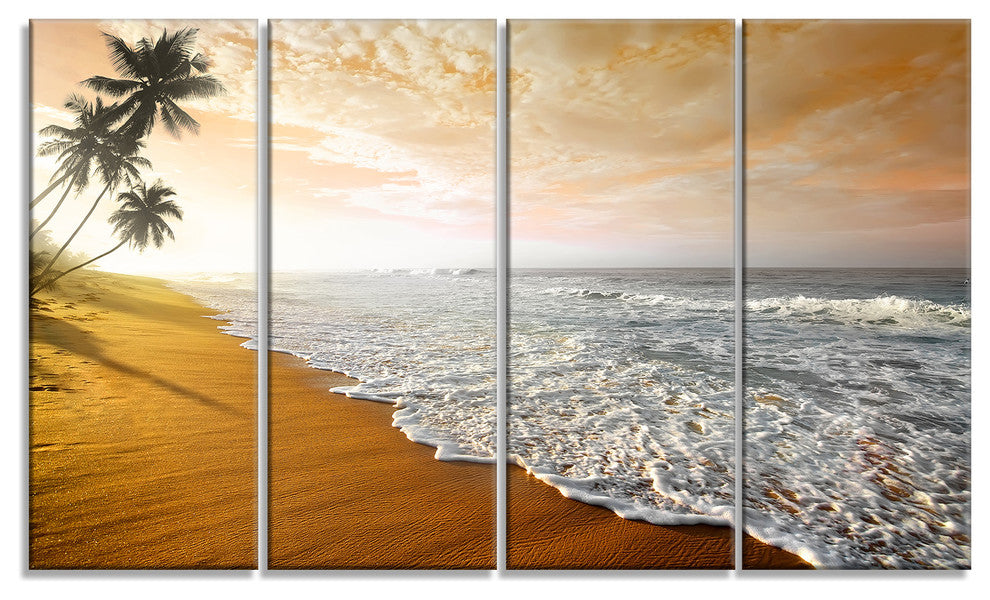 "Wavy Clouds Over Seashore" Seascape Art Canvas, 4 Panels, 48"x28"