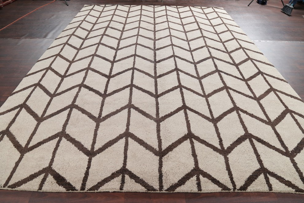 Traditional Moroccan Hand-Knotted Oriental Indian Area Rug, Beige, 13'9"X9'11"