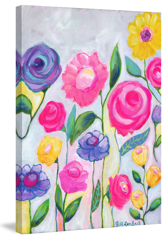 "Flowers Grey" Painting Print on Wrapped Canvas