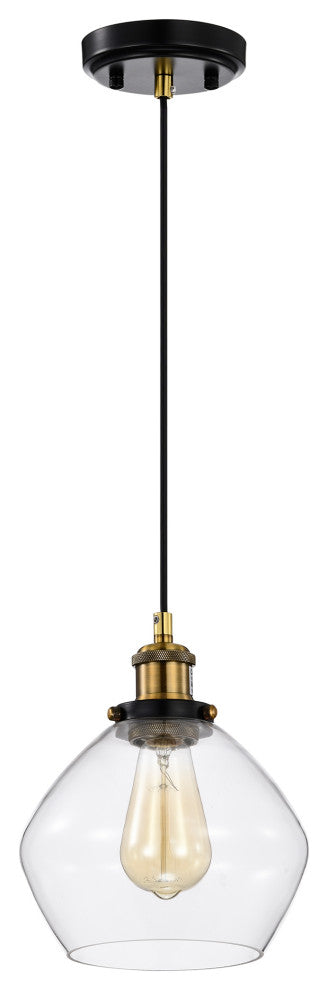 1-Light Black and Antique Brass Mini Pendant Light With Clear Glass Shade