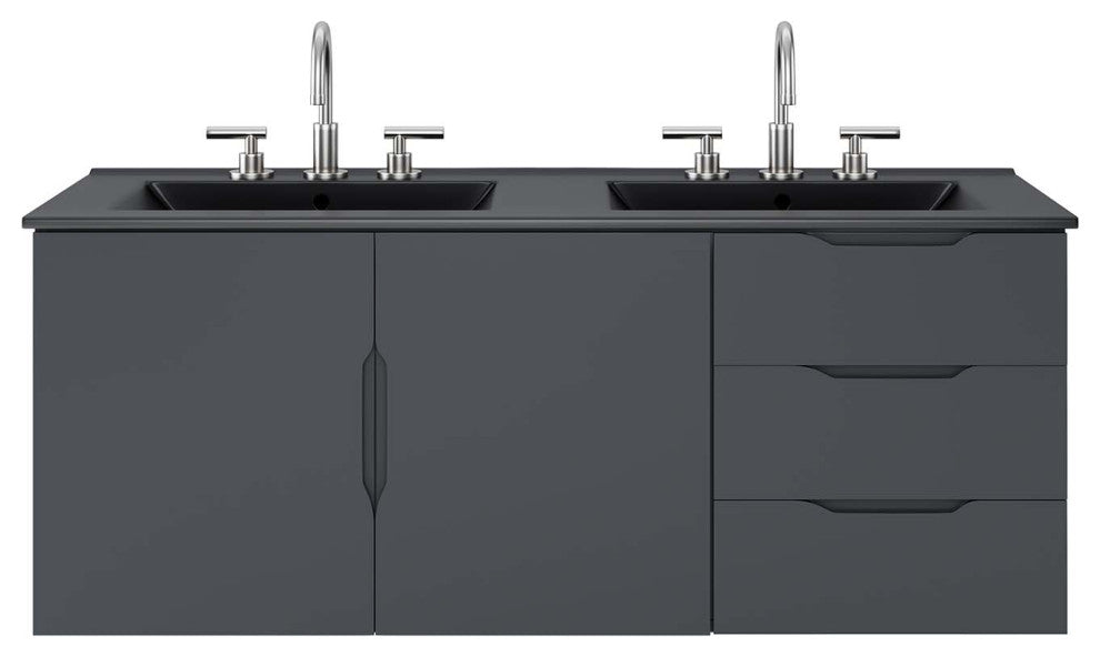 Double Sink Vanity Cabinet, Gray Black, Ceramic, Modern, Hotel Bathroom