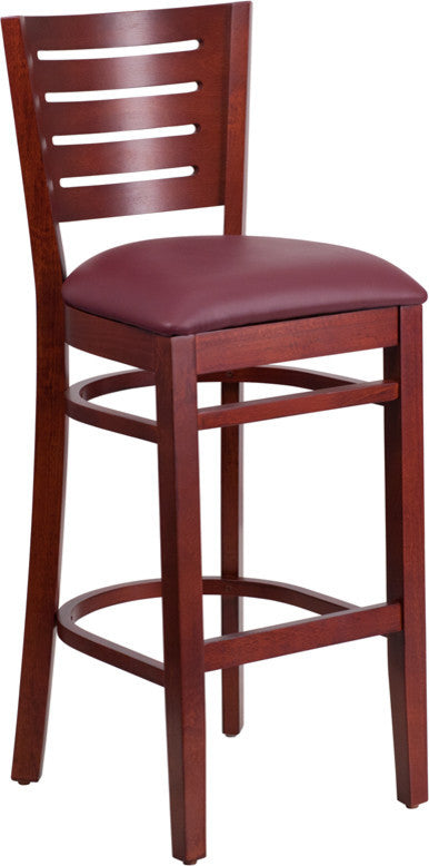 Modern Slat Back Mahogany Wood Restaurant Barstool, Burgundy Vinyl Seat