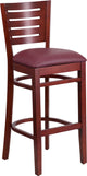Modern Slat Back Mahogany Wood Restaurant Barstool, Burgundy Vinyl Seat