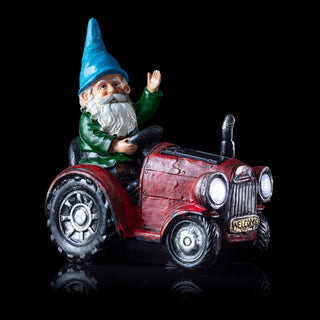 Solar Red Tractor Riding Gnome with Cool White LED Lights
