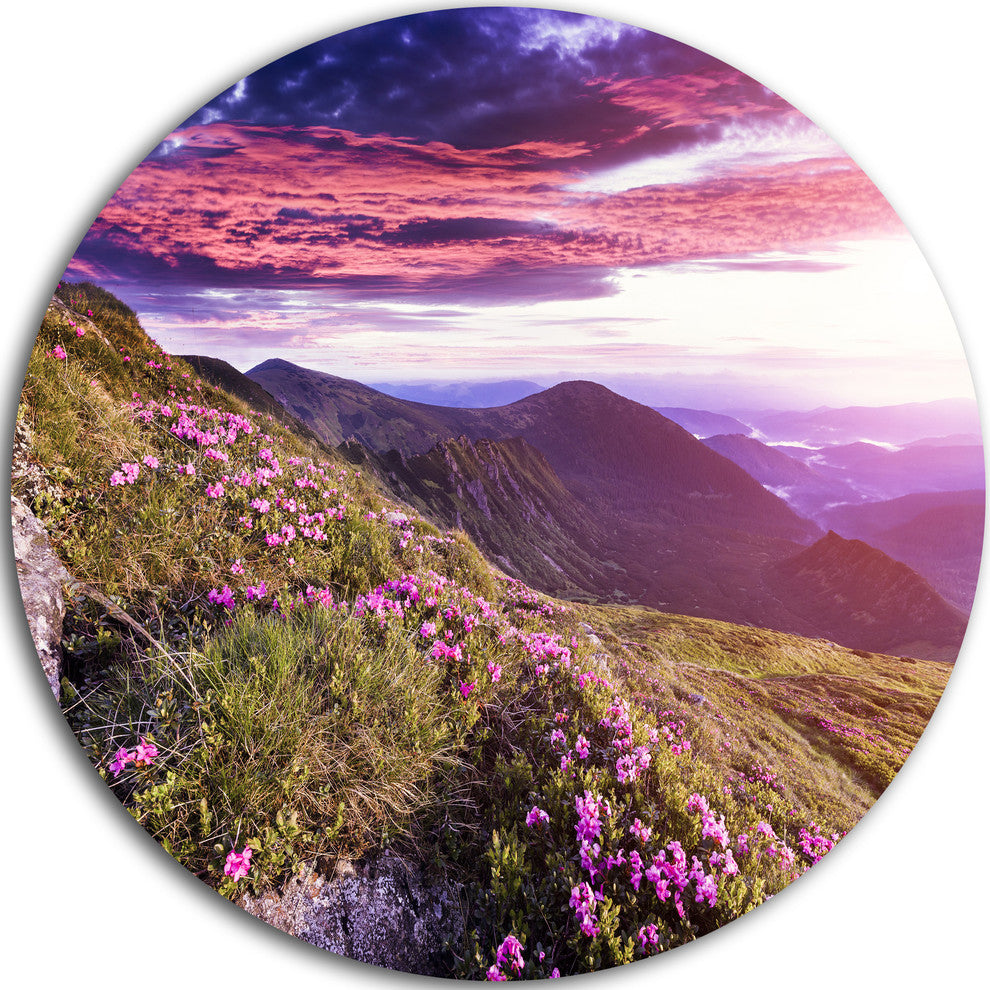 Rhododendron Flowers In Hills, Landscape Photo Round Wall Art, 11"