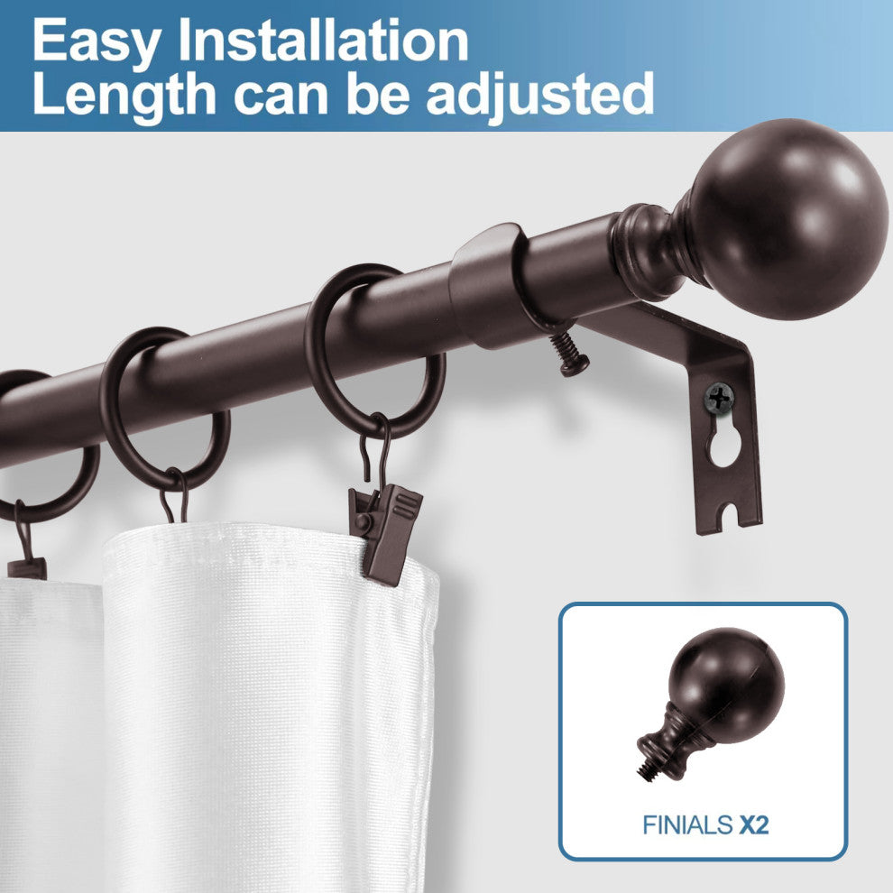 Ball Adjustable Single Curtain Rod Set With Rings, 5/8", Bronze, 48"-84"