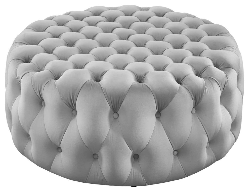 Round Ottoman Accent Tufted Chair, Gray, Velvet, Modern, Cafe Hospitality