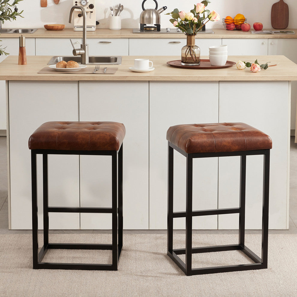 Set of 2 Button Tufted Faux Leather Counter Stools, Yellowish-Brown, 28 in