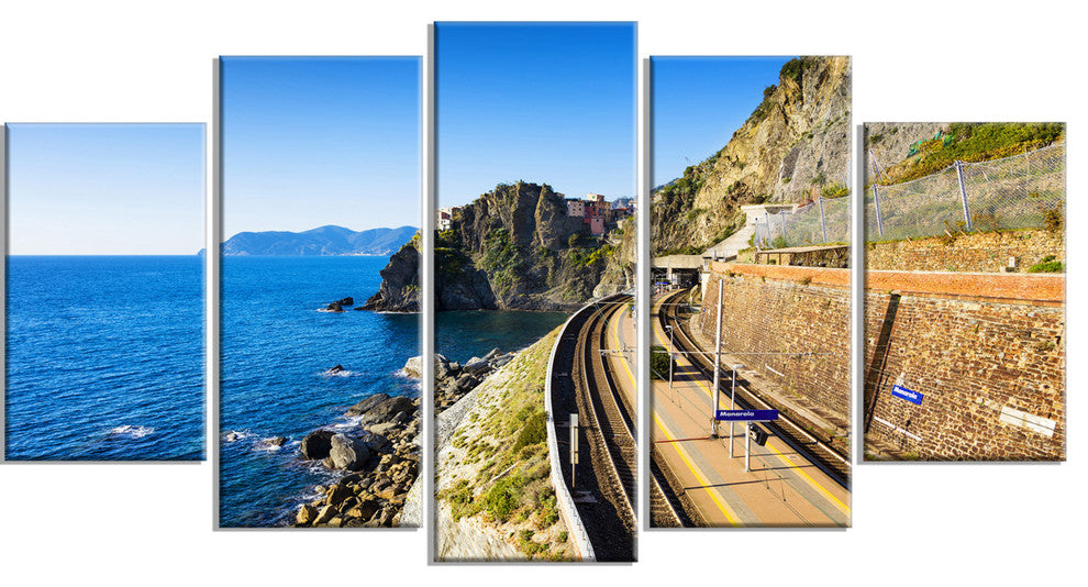 "Train And Railroad Station in Manarola" Landscape Wall Art, 5 Panels, 60"x32"