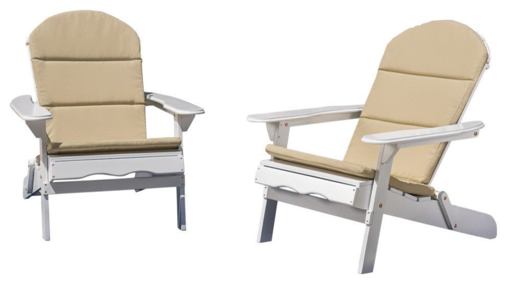 Outdoor Acacia Wood Folding Adirondack Chairs With Cushions, Set of 2, White/Khaki