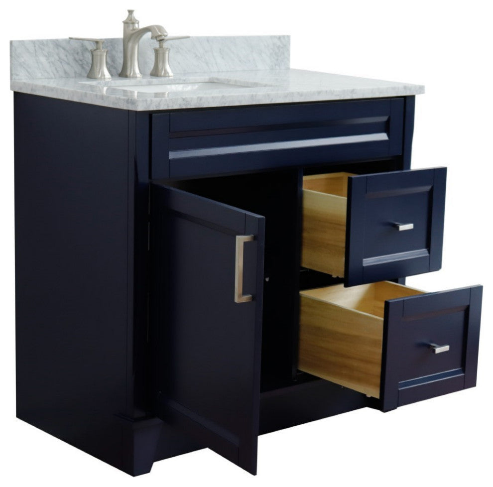 37" Single Sink Vanity, Blue Finish With White Carrara Marble