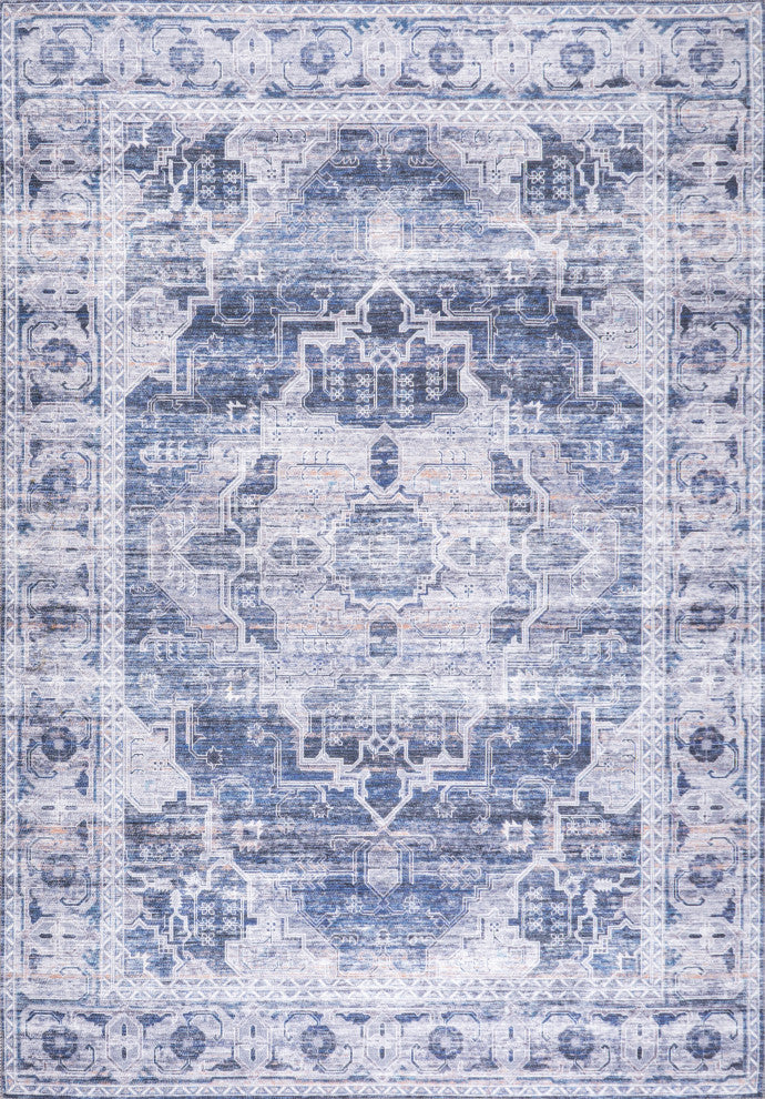 Alanya Ornate Medallion Machine Washable Indoor Area Rug, Navy/Cream, 5 X 8