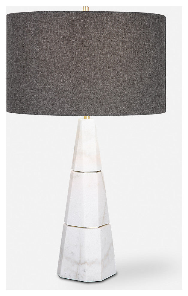 Luxe Tapered White Marble Pyramid Table Lamp 29 in Faceted Gray Veined Brass