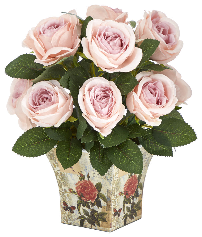 11" Rose Artificial Arrangement, Floral Vase