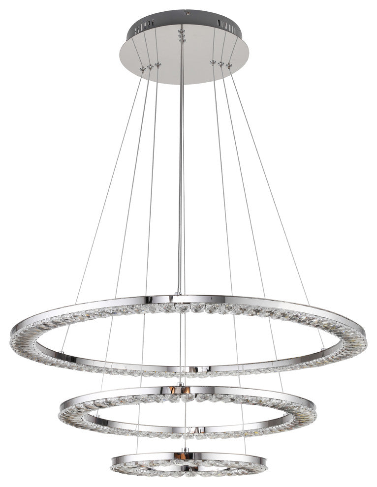3-Tier Clear Crystal Ring LED Light Fixture, Chrome Stainless Steel Frame