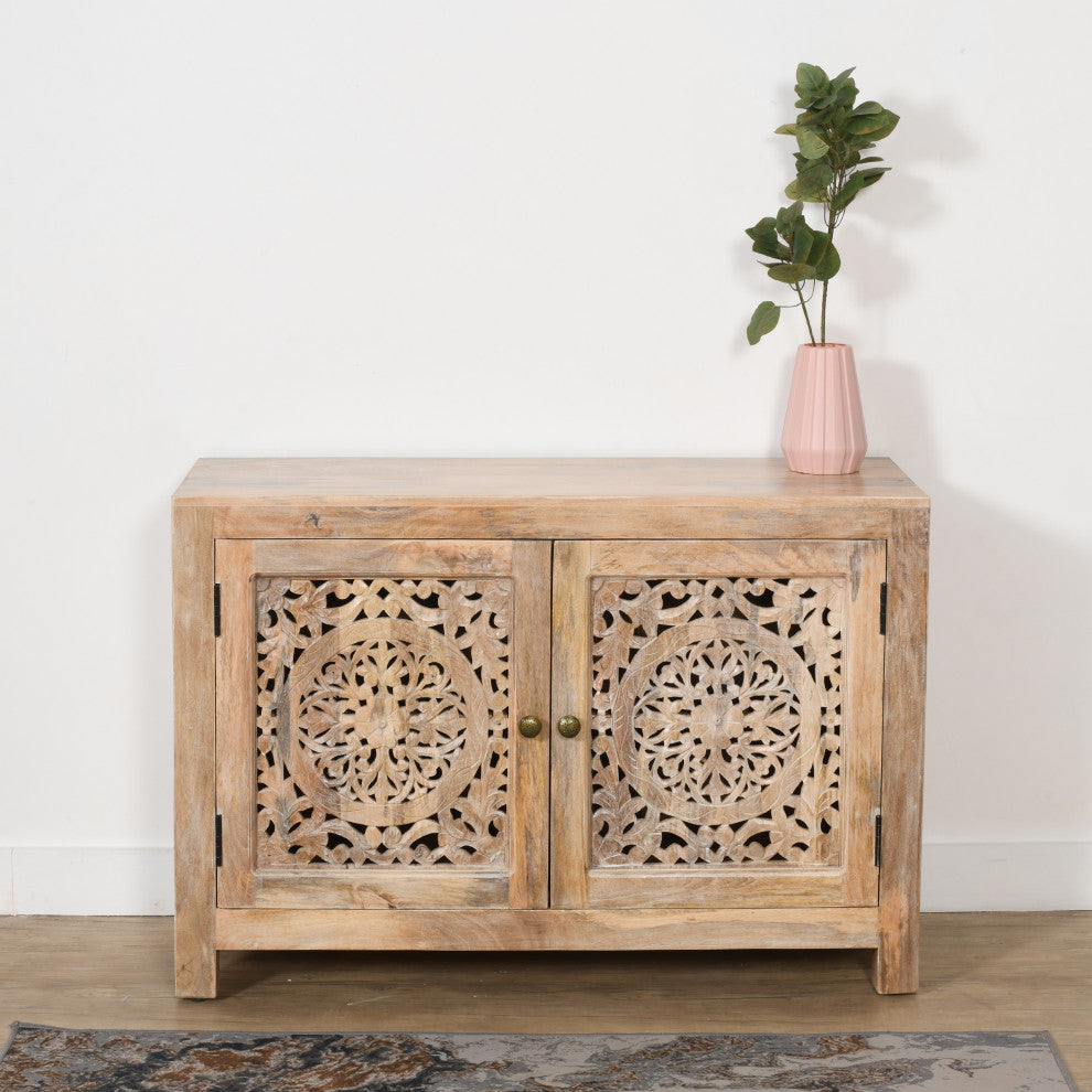 Lifestyle shot showing the cabinet in a real room with decor.