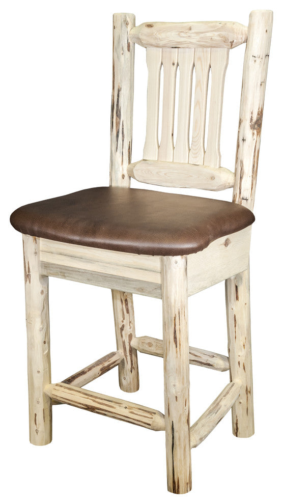 Montana Bar Stool With Back, Saddle Upholstery, Clear Lacquer Finish
