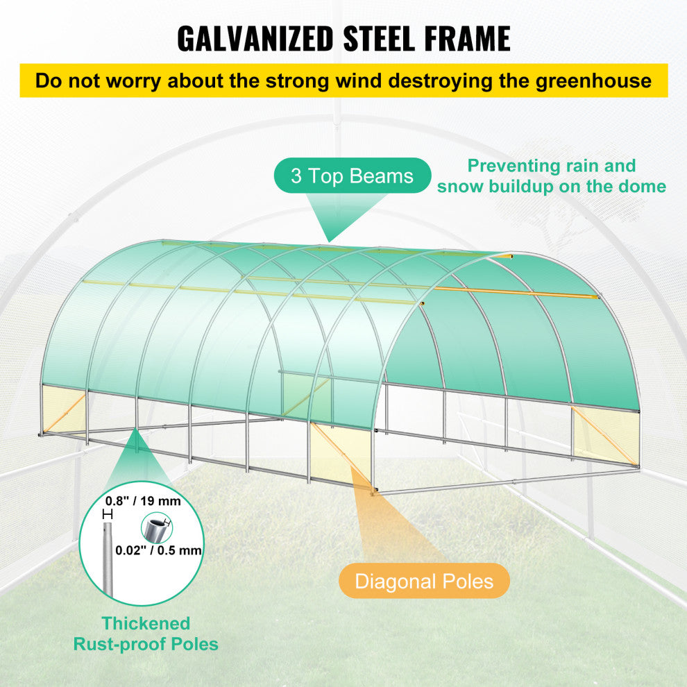 VEVOR Walk-in Tunnel Greenhouse Galvanized Frame & Waterproof Cover 20x10x7 ft