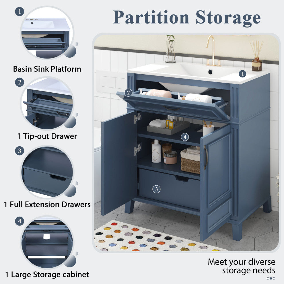 30 inches Freestanding Bath Vanity Set, Blue, Integrated Ceramic Sink