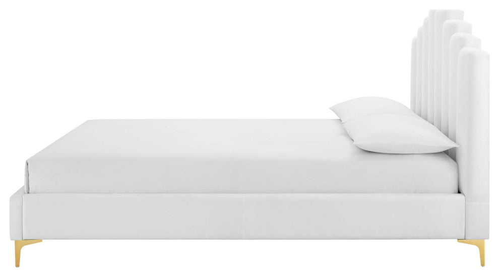 Platform Bed Frame, Queen Size, Velvet, White, Modern Contemporary, Bedroom