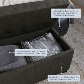 48" Elegant Leather/Linen Rectangular Storage Ottoman, Rustic Gray