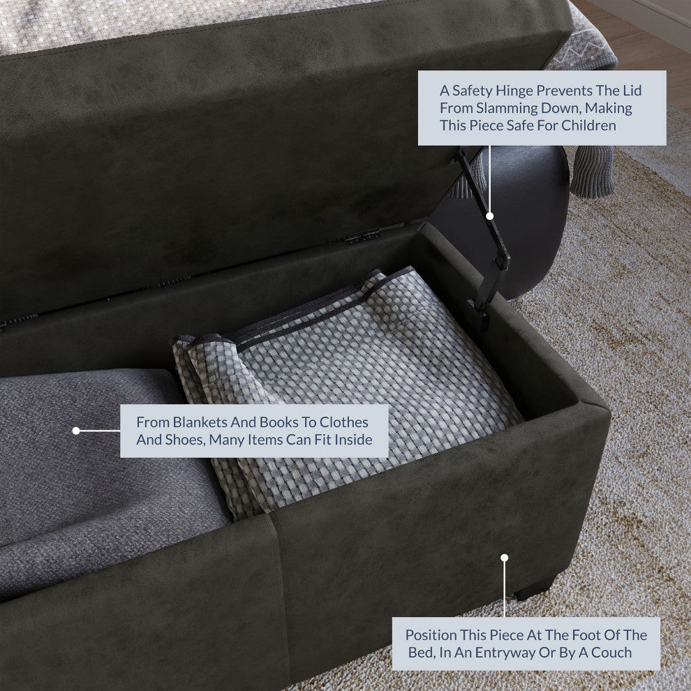 48" Elegant Leather/Linen Rectangular Storage Ottoman, Rustic Gray