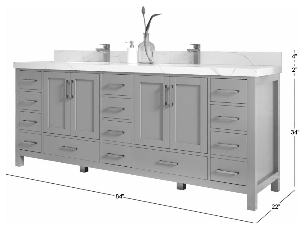 Preston Bath Vanity, Green, 84", White Quartz Top, Double, Freestanding