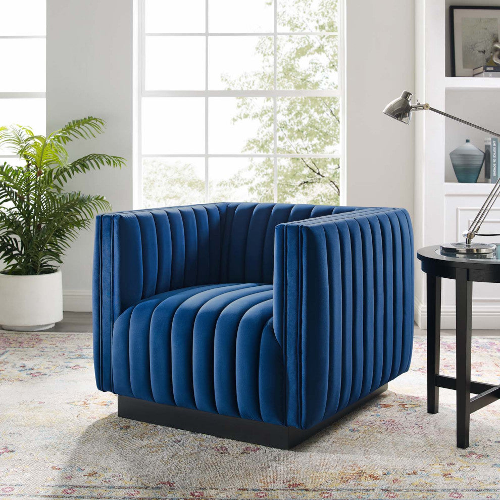 Tufted Armchair Accent Chair, Velvet, Blue Navy, Modern, Lounge Hospitality