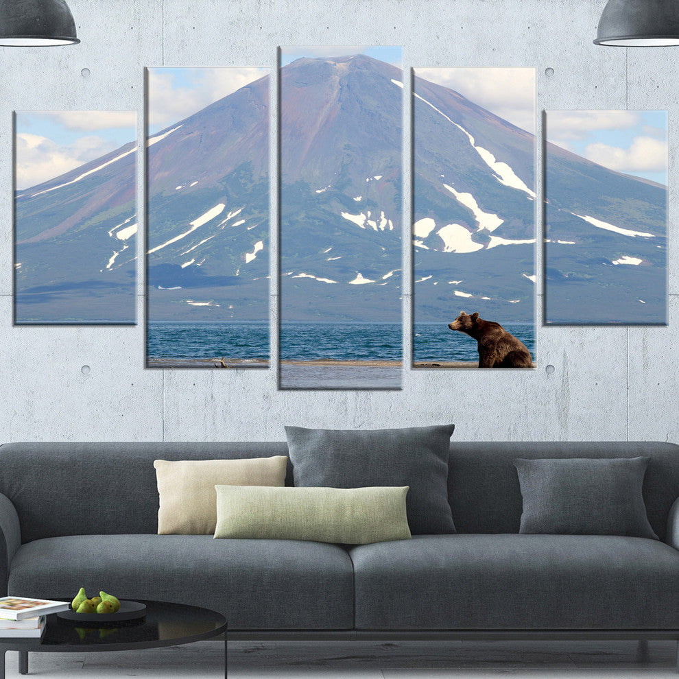 Large Bear in Front of Volcano, Landscape Canvas Wall Art, 60"x32", 5 Panels