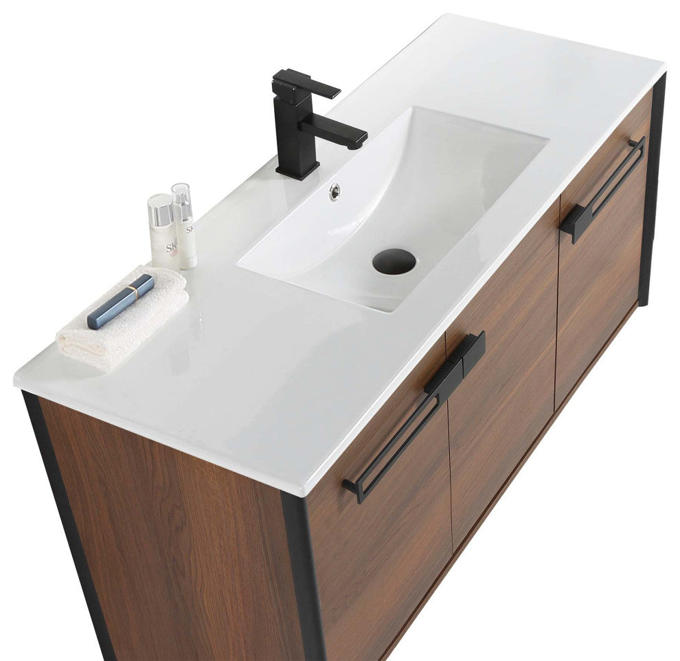 Oakville Wall Mount Bathroom Vanity, Walnut Ebony, 48", Black Hardware