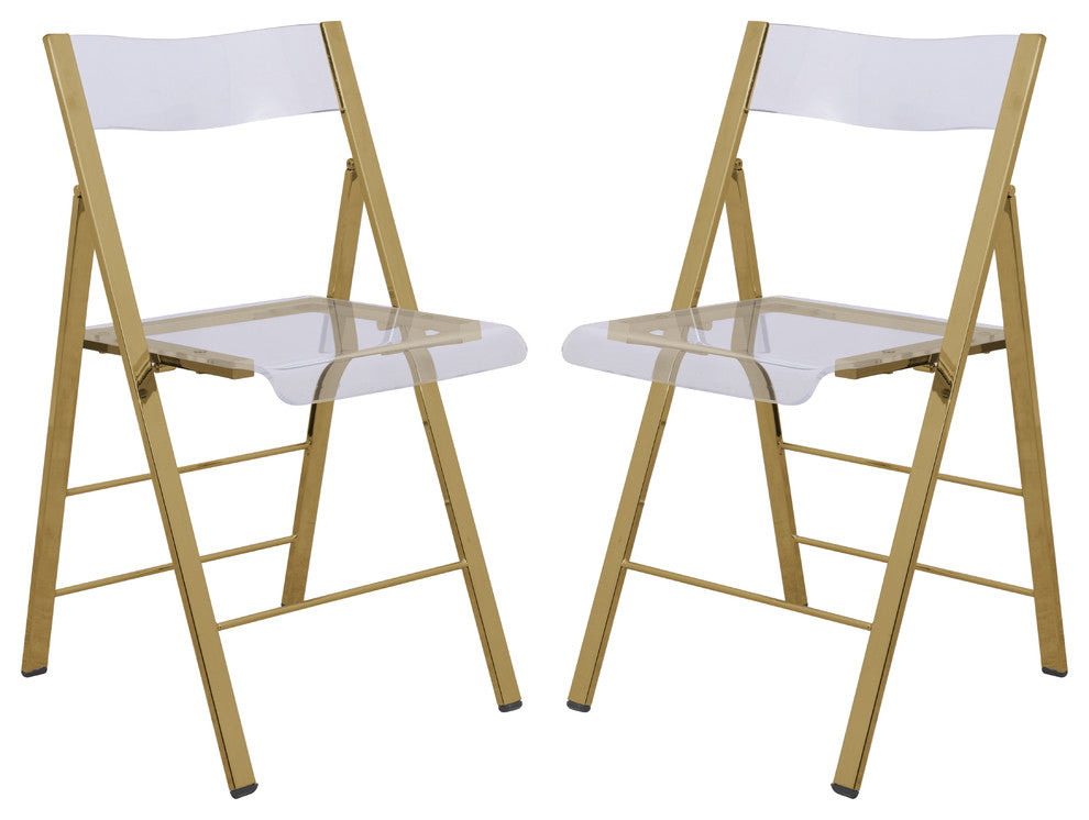 LeisureMod Menno Clear Acrylic Dining Folding Chair With Gold Base, Set of 2