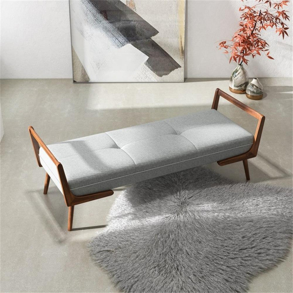 Poppy Mid-Century Modern Rectangular Fabric Upholstered Bench in Gray
