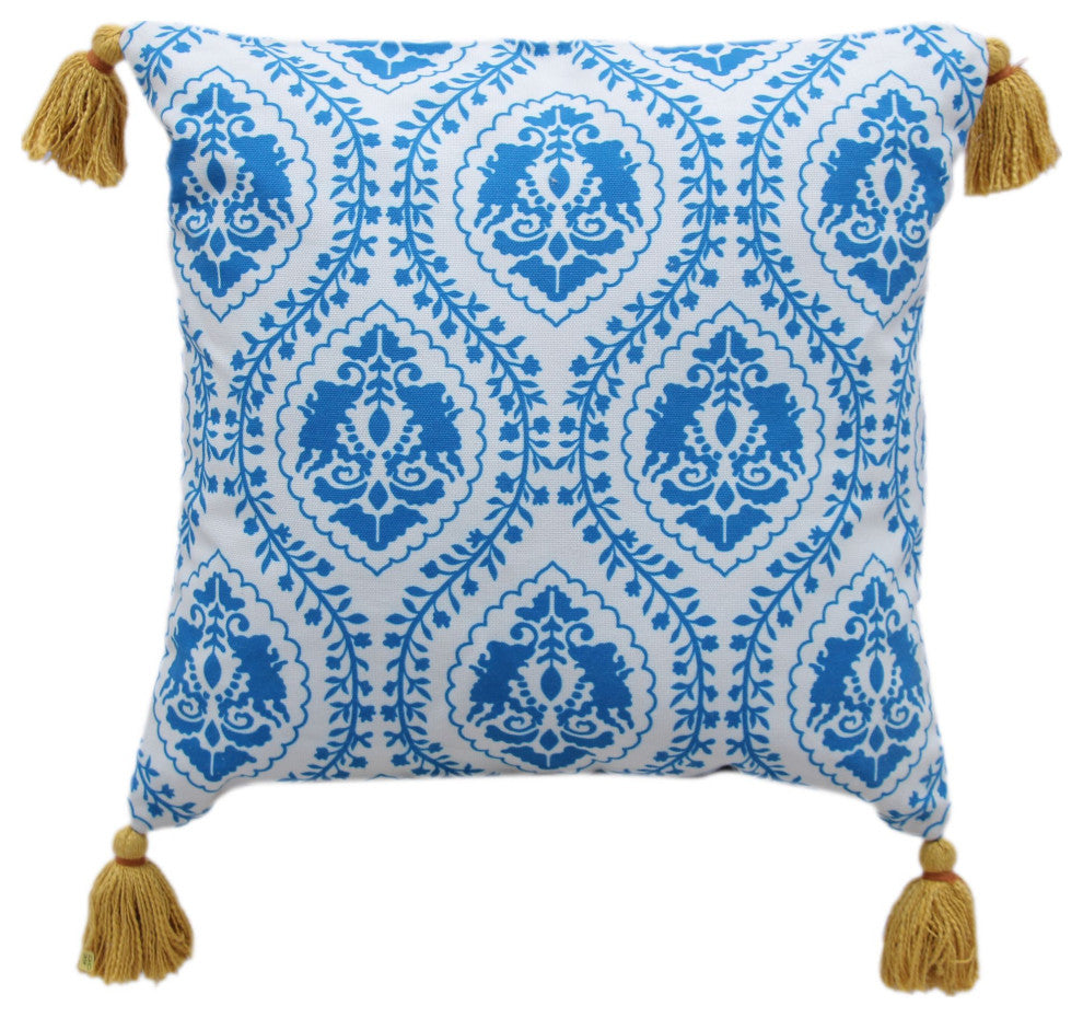 Blue & White Machine Woven with Tassels Woodrow Throw Pillow, 20" x 20"