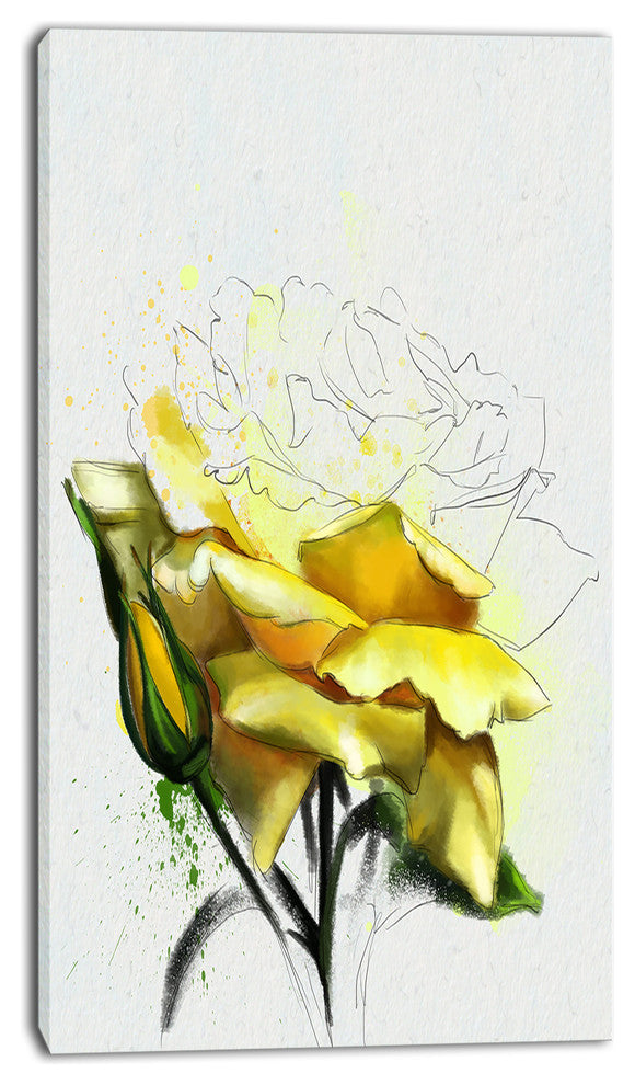 Yellow Rose Illustration Watercolor, Floral Canvas Art Print, 16"x32"