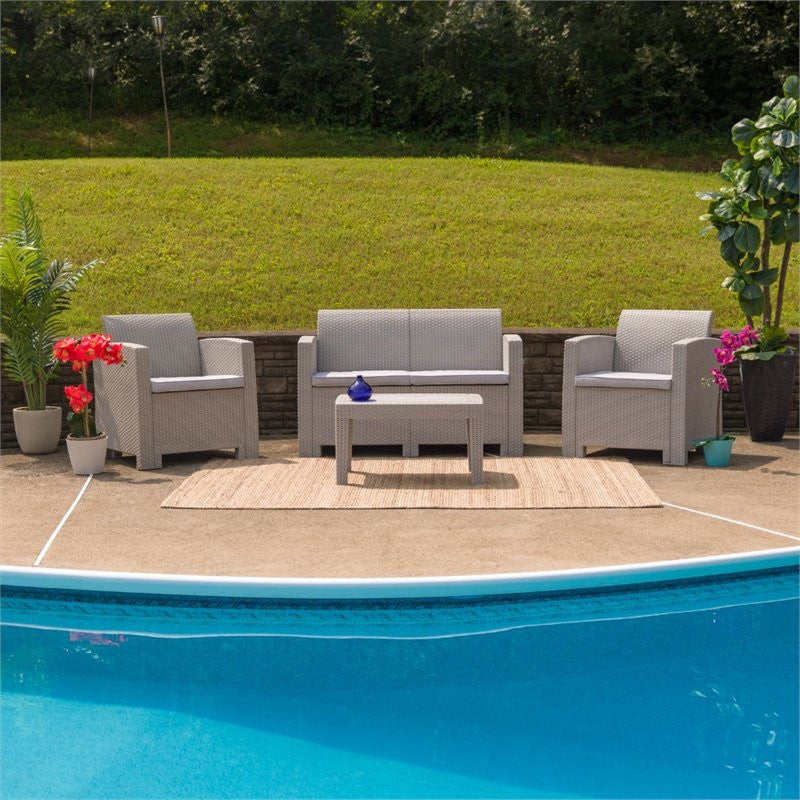 4 Piece Outdoor Faux Rattan Chair, Loveseat and Table Set, Light Gray