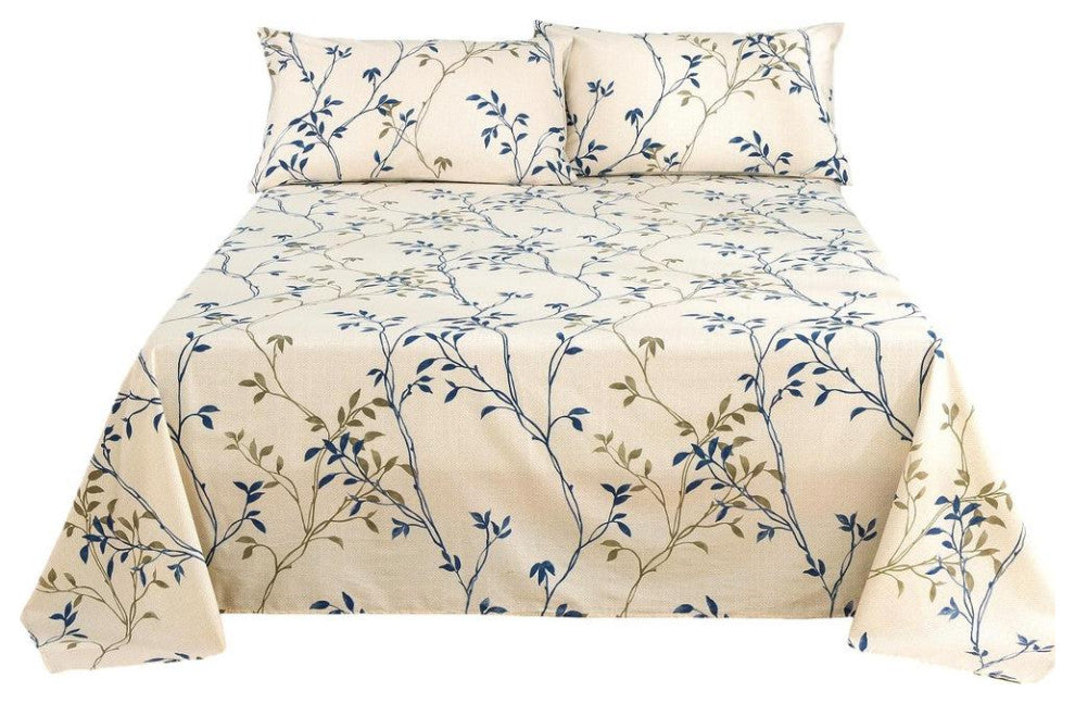 Blue Leaf Vine Cream Poplin Cotton Flat Sheet