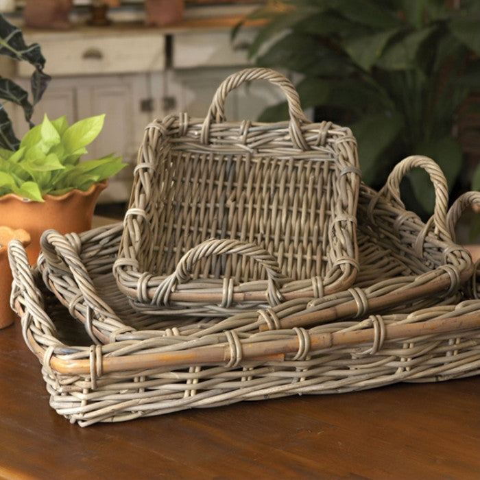 Set of 3 Rattan Cane Serving Trays Woven Gray Nesting 25 in with Handles