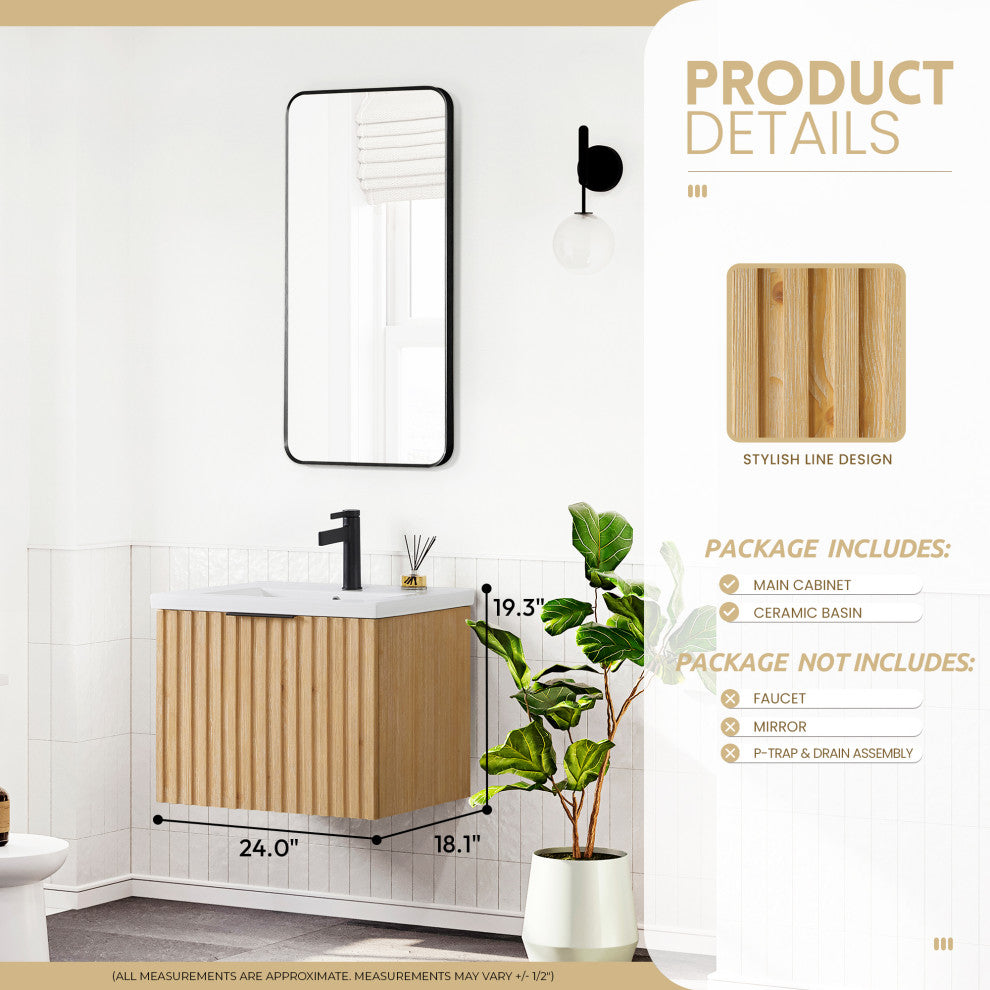 Manila Floating Vanity with Ceramic Basin Top without Mirror, Washed Ash Grey, 24", Single Vanity