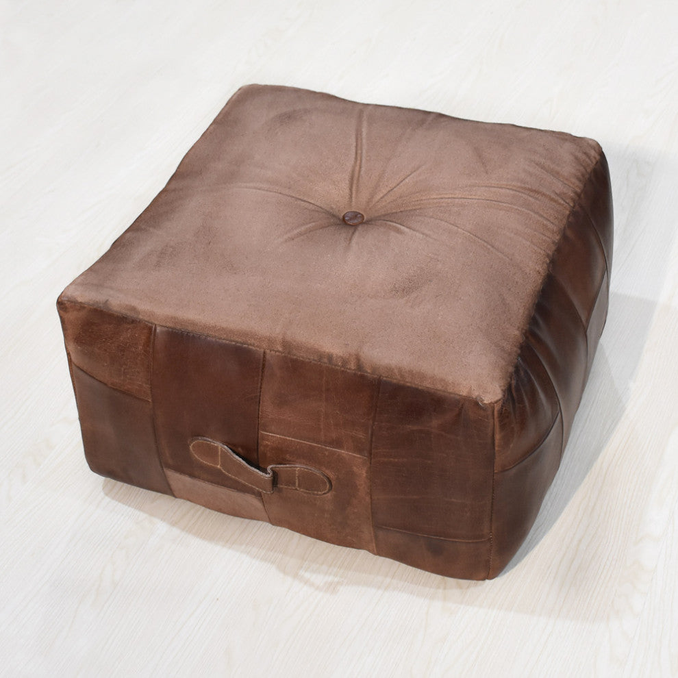 Geometric Handmade Leather Pouf (Recycled Foam with Fibre Fill) Black, [Square] 21x21x12