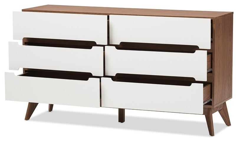 Calypso Mid-Century Modern White and Walnut Wood 6-Drawer Storage Dresser