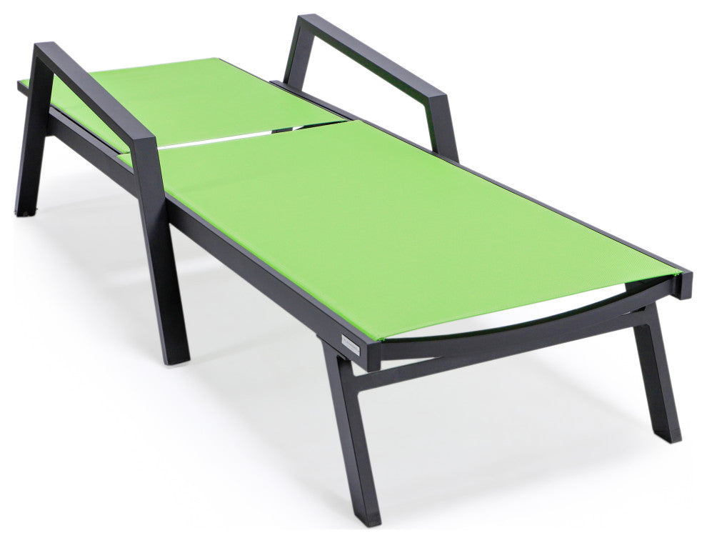 LeisureMod Marlin Chaise Lounge Chair With Arms and Fire Pit Table, Green