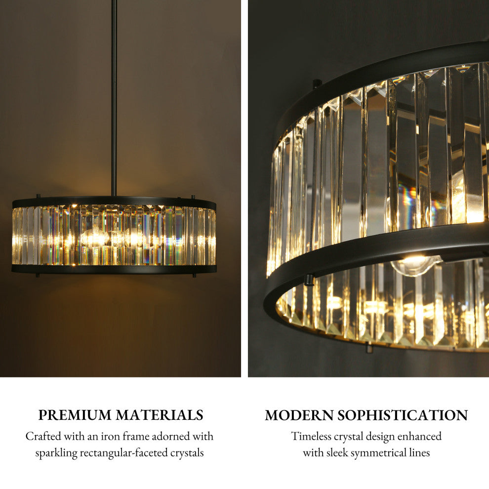 LNC Elvira 6-Light 23.6" Modern Drum Crystal Chandelier, Matte Black