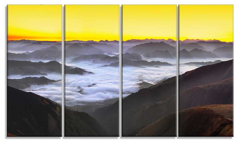 "Foggy Sunrise Over Mountains" Landscape Wall Art Wall Art, 4 Panels, 48"x28"
