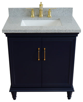 31" Single Vanity, Blue Finish With Gray Granite And Rectangle Sink