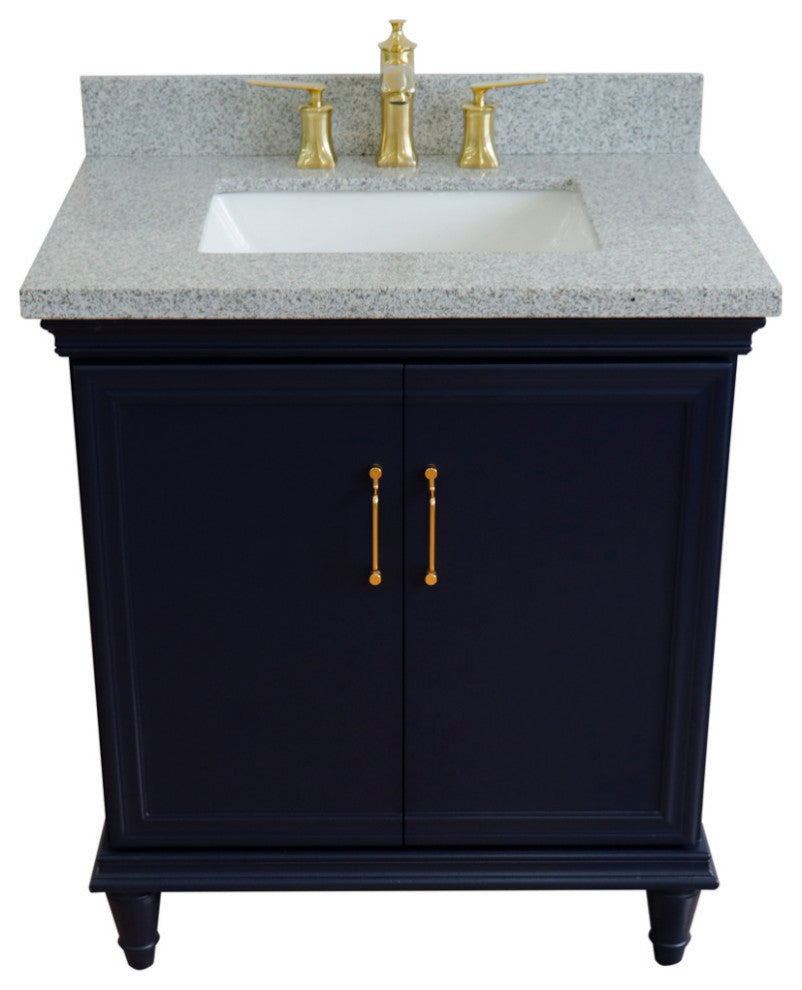 31" Single Vanity, Blue Finish With Gray Granite And Rectangle Sink