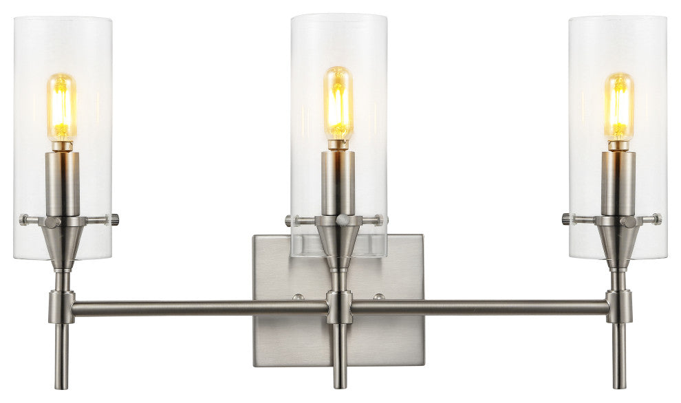Cato 21.25" 3-Light Modern Minimalist Iron/Glass LED Vanity, Nickel/Clear