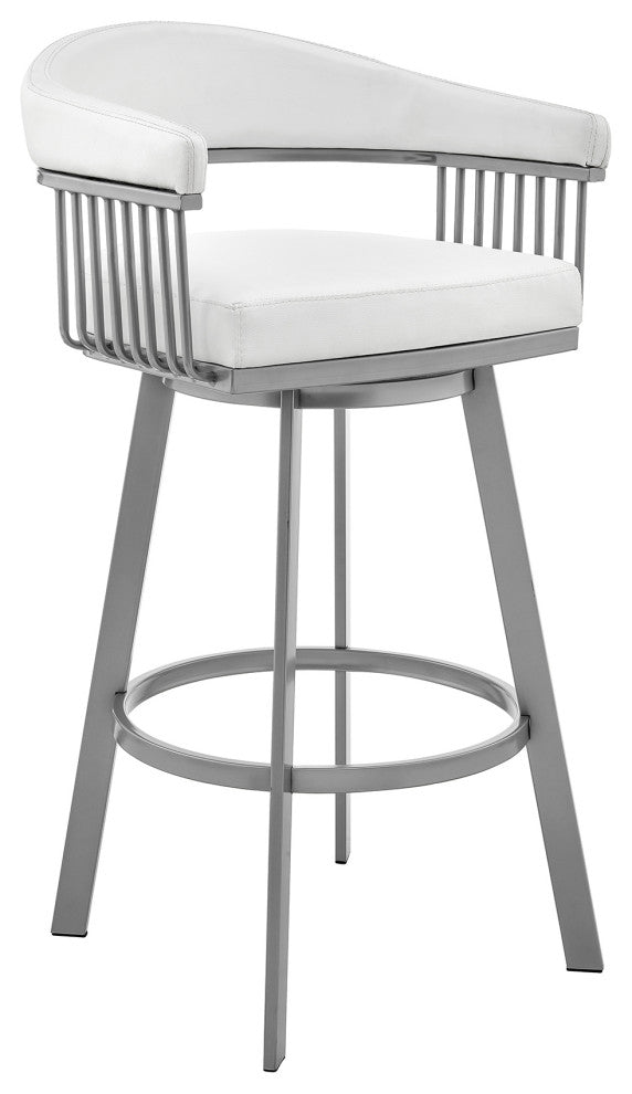 Bronson 26" Swivel Bar Stool, Silver Finish and White Faux Leather